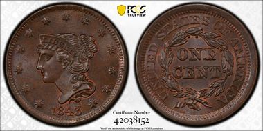 1843 1C Petite Head, Lg Letters MS65BN