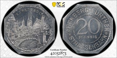 (1920-21) 20 Pfg Streetcar Token Karlsbrucke MS65