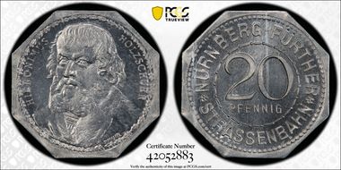 (1920-21) 20 Pfg Streetcar Token Hieronimus Holzschuer MS66