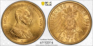 1913-A 20 Mk Military Bust KM-537  Au MS63