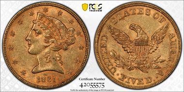 1861 $5 AU58+
