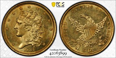 1834 $5 Classic Head, Plain 4 MS63