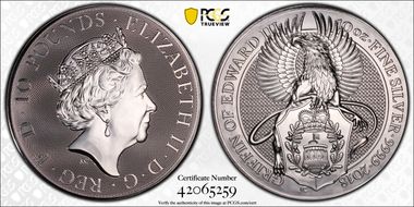 2018 £10 Griffin of Edward III Queen's Beasts 10oz Ag MS69