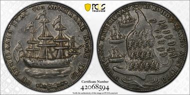 1779 Medal Rhode Island, Wreath Below Ship Pewter AU55