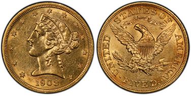 1908 $5 Liberty AU58