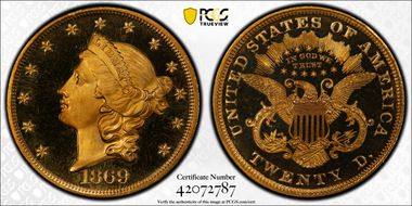 1869 $20 PR66+ DCAM