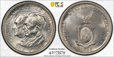 1936-M Peso Roosevelt-Quezon KM-177  Ag MS64