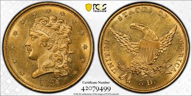 1834 $5 Classic Head, Plain 4 MS63