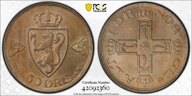 1921 50 Øre KM-379 w/o Hole MS64