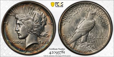 1921 $1 High Relief, Peace AU58