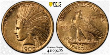 1908 $10 Motto AU53