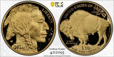 2021-W $50 American Buffalo .9999 Fine Gold First Day of Issue PR70DCAM