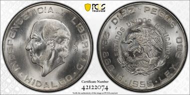 1955-Mo 10 Peso Hidalgo KM-474  Ag MS66