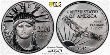 2000 $50 Statue of Liberty Mint Engraver Series Mercanti Flag Signature MS70