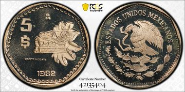 1982-Mo 5 Peso Quetzalcoatl KM-485 PR67DCAM