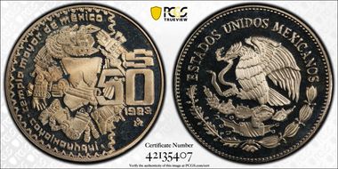 1983-Mo 50 Peso Coyolxauhqui KM-490 PR68DCAM
