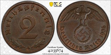 1936-A 2 Pfg J-362 AU58BN