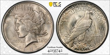 1921 $1 High Relief, Peace MS62