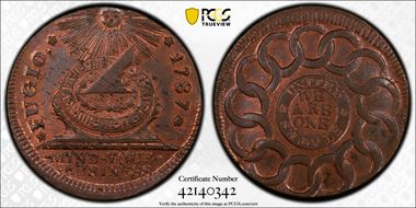 1787 Fugio 1C UNITED Above, 4 Cinq MS66RB