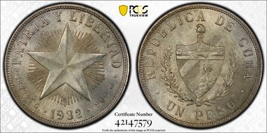 1932 Peso KM-15.2  Ag MS64