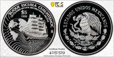 1999-Mo 5 Peso Navy School Centennial Cuauhtemoc KM-635 Ag PR68DCAM