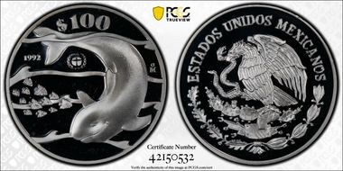 1992-Mo 100 P Vaquita Porpoise KM-566  Ag PR66DCAM