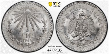 1944-M Peso KM-455  Ag MS66+