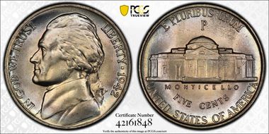1942-P 5C Silver MS67+ FS