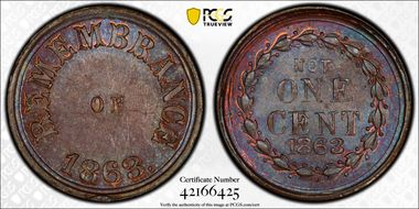 1863 Token F-245/375Aa Copper Remembrance of 1863 MS64BN
