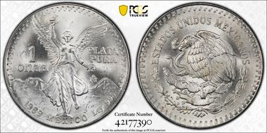 1989-Mo Onza Libertad Ag w/o Dot before 999 MS67
