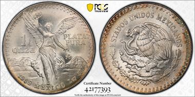 1989-Mo Onza Libertad Ag w/o Dot before 999 MS68
