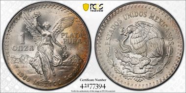 1989-Mo Onza Libertad Ag w/o Dot before 999 MS67