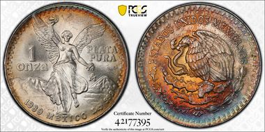 1989-Mo Onza Libertad Ag w/o Dot before 999 MS68