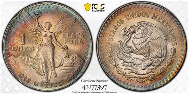 1989-Mo Onza Libertad Ag w/o Dot before 999 MS67
