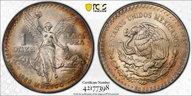 1989-Mo Onza Libertad Ag w/o Dot before 999 MS67