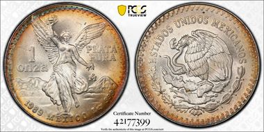 1989-Mo Onza Libertad Ag w/o Dot before 999 MS67