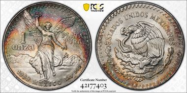 1989-Mo Onza Libertad Ag w/o Dot before 999 MS68
