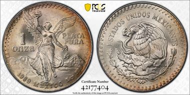 1989-Mo Onza Libertad Ag w/o Dot before 999 MS67