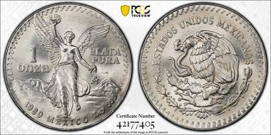 1989-Mo Onza Libertad Ag w/o Dot before 999 MS67