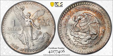 1989-Mo Onza Libertad Ag w/o Dot before 999 MS67