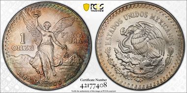 1989-Mo Onza Libertad Ag w/o Dot before 999 MS68