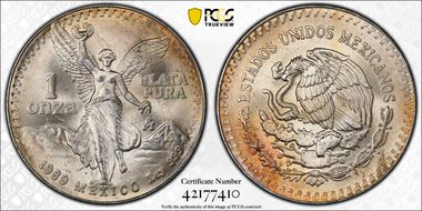 1989-Mo Onza Libertad Ag w/o Dot before 999 MS68