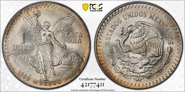 1989-Mo Onza Libertad Ag w/o Dot before 999 MS67