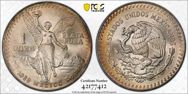 1989-Mo Onza Libertad Ag w/o Dot before 999 MS68