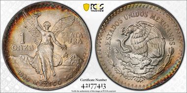 1989-Mo Onza Libertad Ag w/o Dot before 999 MS67