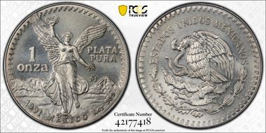 1991-Mo Onza Libertad Ag T1 - PLATA PURA MS65