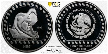 1993-Mo 5 Peso Guerrero Aguila KM-646  Ag PR68DCAM