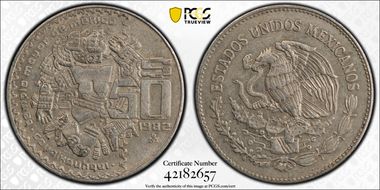 1982-Mo 50 Peso KM-490 Coyolxauhqui AU55
