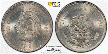 1948-Mo 5 Peso Cuauhtemoc KM-465  Ag MS63