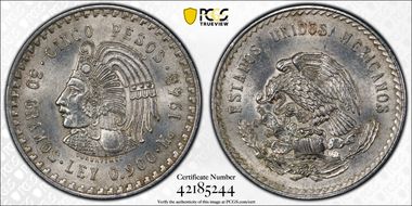 1948-Mo 5 Peso Cuauhtemoc KM-465  Ag MS62